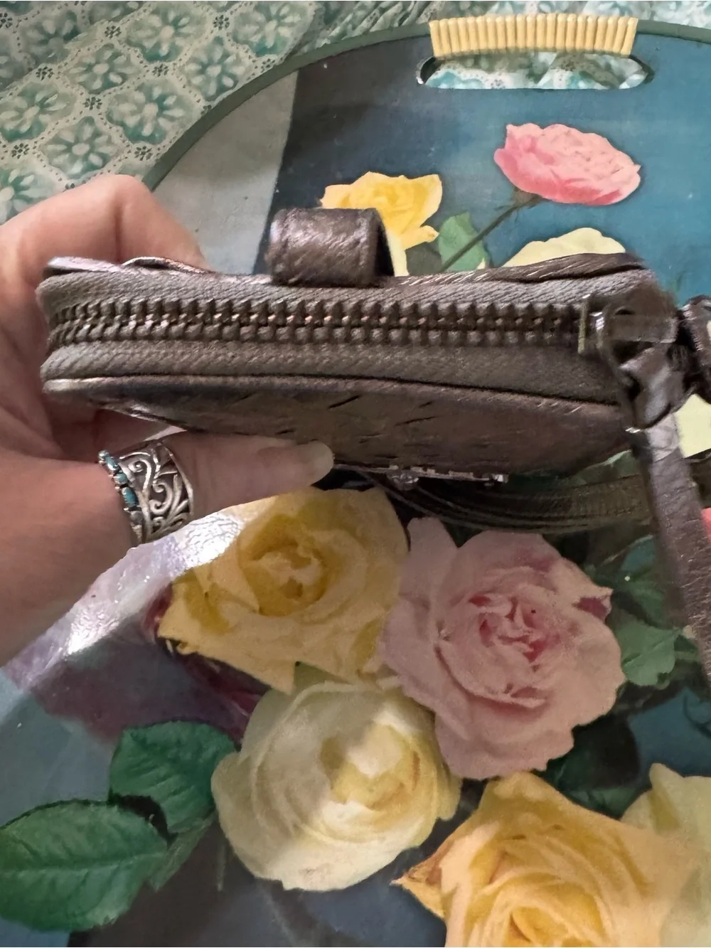Elliott Lucca Metallic Silver Woven Zip Phone Wallet
